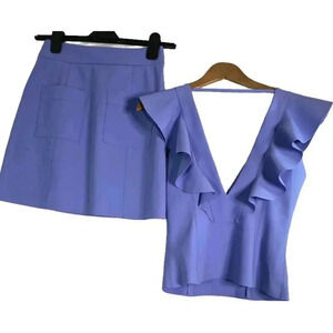 Lafort 2 pieces skirt Sweetheart Neck Ruffle Top Blue Set raw Hem Size 38 Womens
